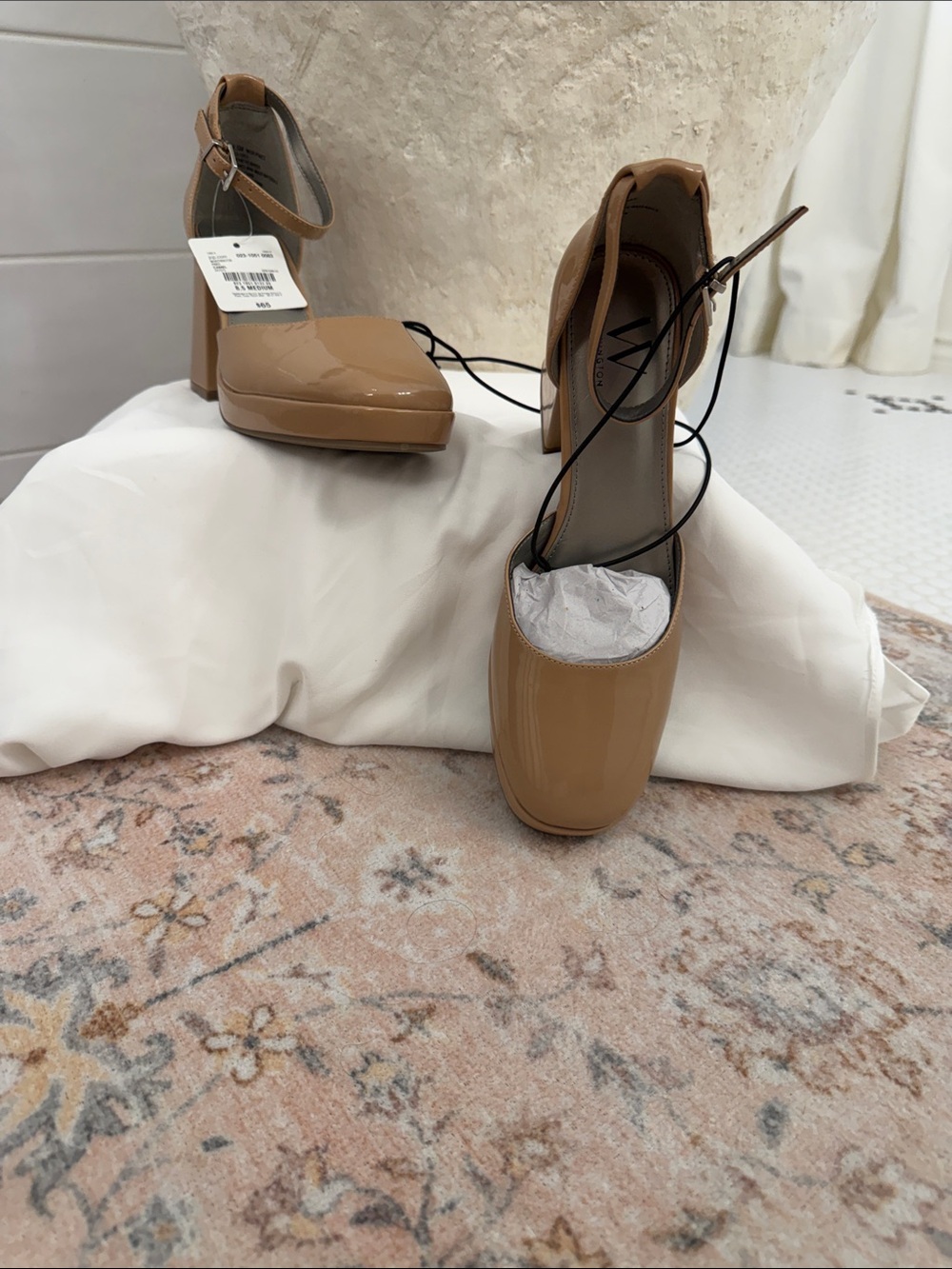 Worthington Tan Patent Square-Toe Block Heel Ankle-Strap Pumps - Picture 1 of 9